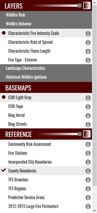 Map Themes The Map Themes button allows you to view key maps spatial data layers associated with the Texas Wildfire Risk Assessment, basemaps, and reference data layers.