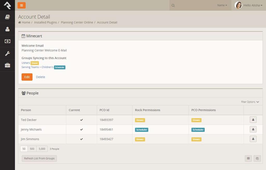Navigate to Admin Tools > Installed Plugins > Planning Center Online and select the account you d like to view.