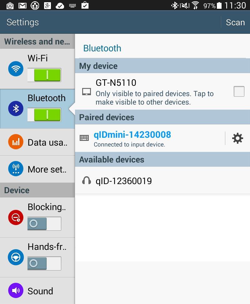 2. Click on the qidmini R1170I reader and wait while the pairing is completed: 3. Once the connection is established the Bluetooth blue light turns on. 4.