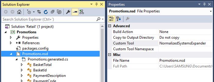 Figure 4.5: Visual Studio NormalizedSystemExpander custom tool created for this NS architecture. The output generated by the custom tool (i.e. the application source code) is added to the project together with a dependency to the input descriptor file.