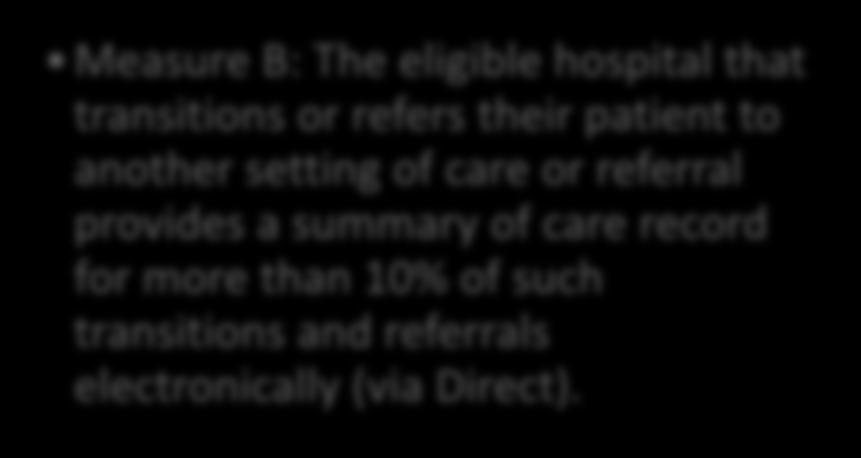 Transfer/Summary of Care Measure B: The eligible hospital that transitions or refers their patient to another setting of care or referral