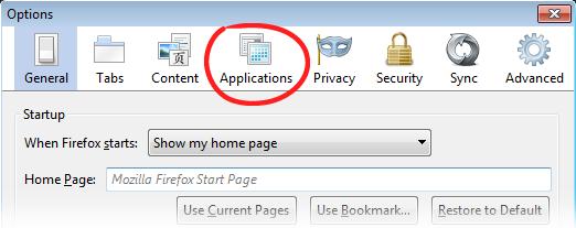 Firefox (cont d) Now select Tools, then at the bottom of that menu, select Options. You should now see this window with your browser options: Select Applications.