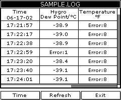 Chapter 5. Logging Data 5.7.2 Using the Spreadsheet Format 1. Use the arrow key to scroll to the desired log. Logs are associated with the site file in use at the time the log is created or run.