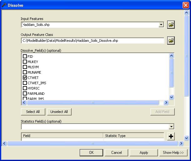 - A Select Parameter window will open. Select Input Features (Parameter) and click OK. Your Haddam_Soils.shp element should now be connected to the Dissolve tool in your ModelBuilder dialog window.