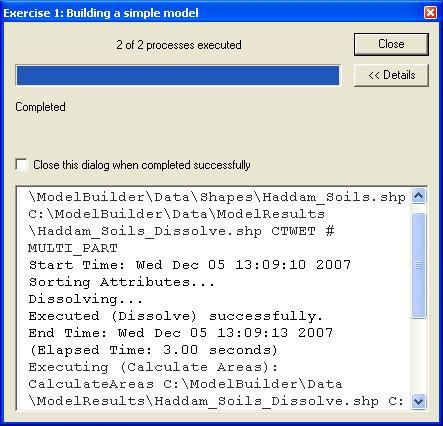 - Click the Run button on the ModelBuilder toolbar. Notice that a dialog window opens describing the geoprocessing tasks that are being completed as the model runs.