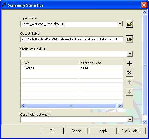 - Click OK to close the Field Calculator. - Click OK to close the Calculate Field tool. The final step in this model is to use the Summary Statistics tool to summarize the Acres field.