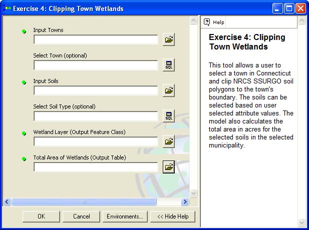 Parameter Input Towns Select Town Input Soils Select Soil Type Wetland Layer (Output Feature Class) Total Area of Wetlands (Output Table) Dialog Reference Paragraph Browse to a dataset that contains