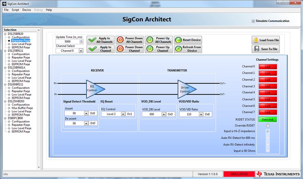 1. Launch the TI SigCon Architect GUI to the two DS125BR820 devices on the board.