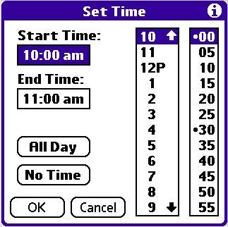 Basic Applications Overview: Scheduling Events Tap the time to display the Set Time dialog box. 4. Set the duration for the event: If the event is one hour long, skip to the end of this procedure.