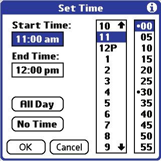 Date Book: Scheduling Events Tap the time to display the Set Time dialog box. 4. Set the event s duration: If the event is 1 hour long, skip to the end of this procedure.