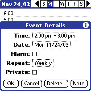 Date Book: Scheduling Events 4. Tap Day, Week, Month, or Year to set how often the event repeats. For a continuous event, tap Day. 5.