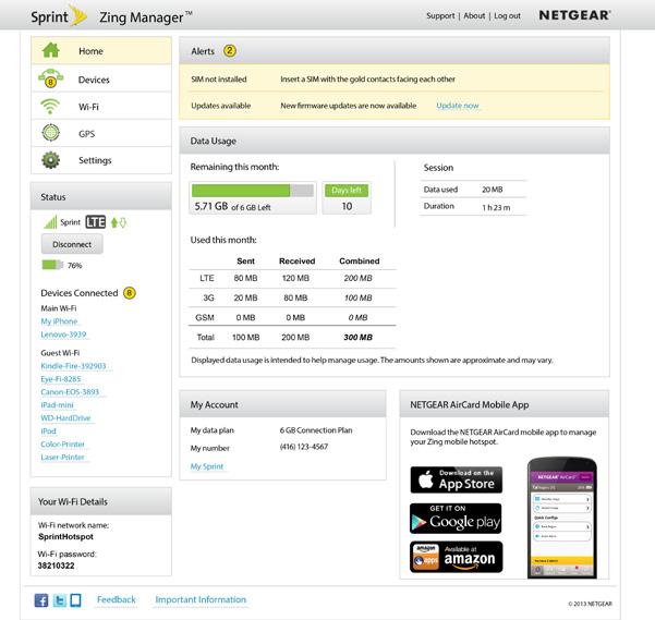 Get Connected Sprint Hotspot Zing Manager (cont.) You don t need to log in to view device status. However, when you log in you can view connected devices and configure your Wi-Fi and device settings.