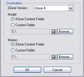Destination Folder Select the iclone Content Folder radio button for Model and Motion (enabled only when you have generated motion clips) to convert the model into the default custom folder: