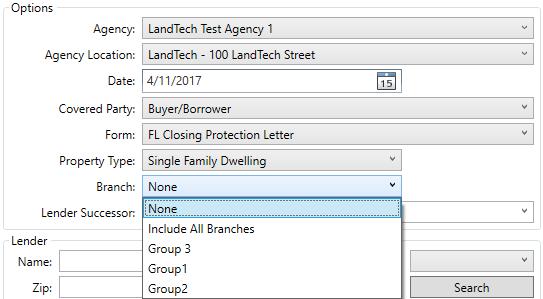 If your company has more than one location and you need the CPL to include another or all locations, click on the down-arrow next to the Branch field and make the appropriate selection from the