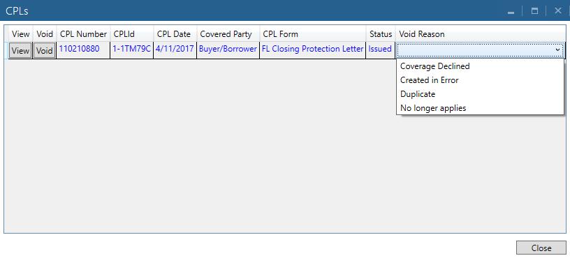You can view the CPL by clicking on the button. The CPLs dialog box will be displayed showing a list of CPLs that have been requested and received for this transaction.