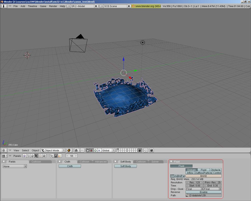 Figure 3.9: Blender interface with fluid panel. 3.4 Blender Changes The LBM simulation code in Blender is fairly-well isolated from the rest of the code, which made it easy to include the modified simulator code.