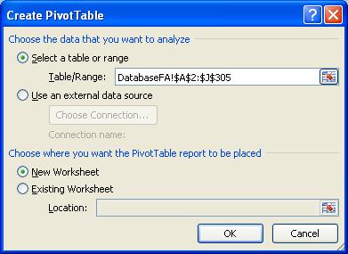 The Create PivotTable dialog box appears. It asks two questions. First, select the database.