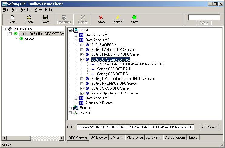4.) Start the OPC Demo Client on PC1 and connect to the local Softing OPC Easy Connect. As result you will see the namespace of the Demo Server on PC2. 5.