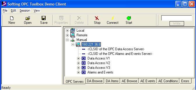 1. To start, open the Softing OPC Toolbox Demo Client. You should see the above screen showing the OPC Servers tab which will allow you to connect to the recorder s OPC Server. 2.