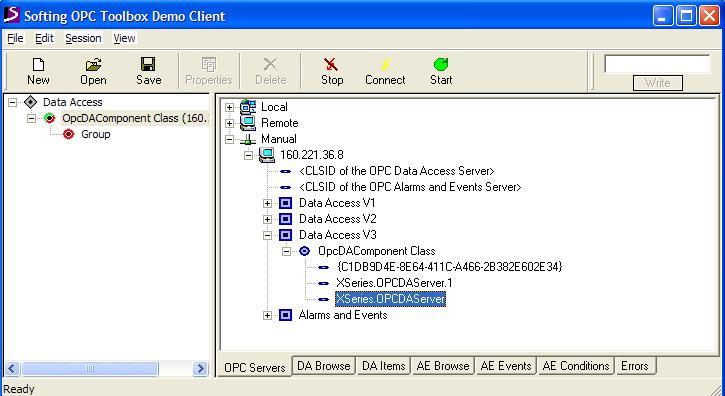 Softing OPC Toolbox Demo Client Connecting to the Recorder s OPC Server A similar process of clicking on the Alarms and Events is used to connect to the recorder to get the Alarm and Event real time