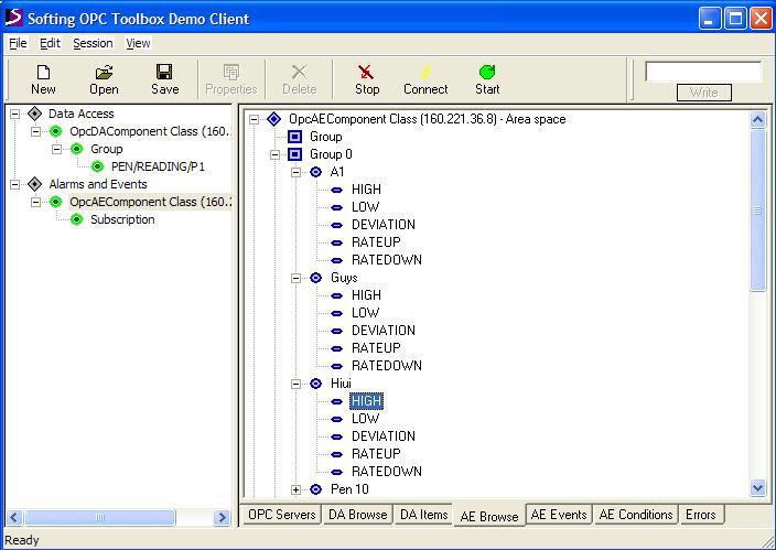 Softing OPC Toolbox Demo Client Set Up Alarm/Events To view the Events, click on the AE Events tab; this shows the type of