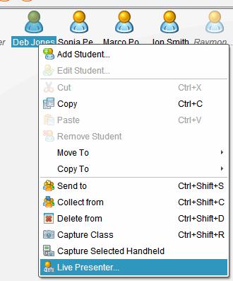 Begin Class, and have the students log in to the TI-Nspire Navigator class. 3. Right-click on a student icon, and select Live Presenter.