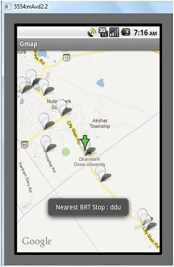 3) Nearest BRT stop Fig : Nearest BRT stop On clicking first option of menu, it will display name of nearest BRT stop with its name.