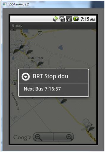 5) Next available bus time Fig : Next available bus time This screen is generated on clicking on the particular BRT stop. It will display message with next available bus of particular BRT stop. VI.