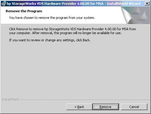 Uninstalling the HP Provider Before uninstalling the HP VDS Provider, issue a net stop command from the command line, as shown below: net stop vds Uninstalling the HP Provider using Windows 1.