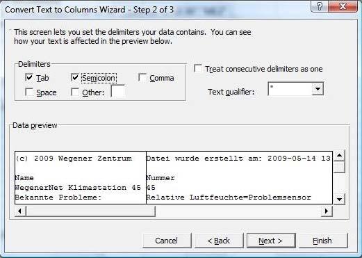 By clicking the Next > button you get to Convert Text to Columns Wizard Step 2 of 3, where you activate under Delimiters the Semicolon as delimiter (checkmark appears; see Fig. A.