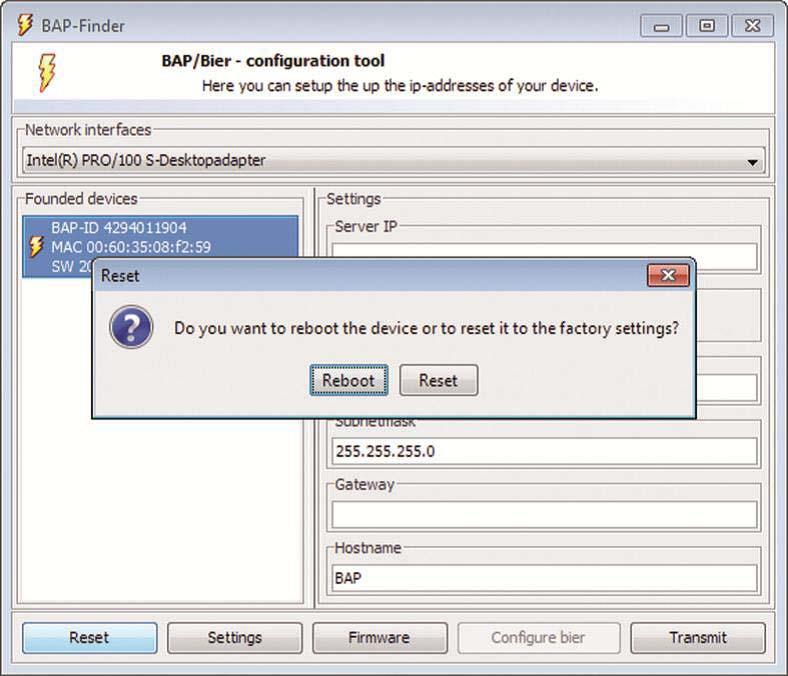 BAP-Finder you have the option to reboot the IPG170(P) or reset to