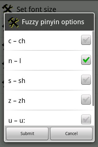 Fuzzy Pinyin Options QuanWei s fuzzy Pinyin options (accessible from the Preferences screen) allows you to selectively blur the distinction between certain Chinese syllables.