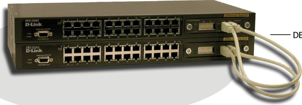 DES-3226S DES-3226S with 24 10/100Mbps ports. A DES-332GS stack module installed in the open slot provides a GBIC port and switch stacking capability.
