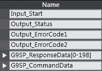 Input_Start Output_Status Output_ErrorCode1 Output_ErrorCode2 G9SP_ResponseData[0-198] G9SP_CommandData *If the