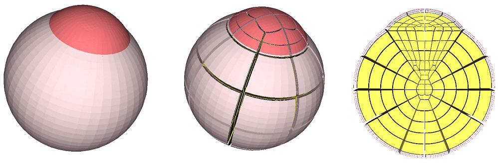 Fig. 2. Left: Exterior view of an eye model. Center: View showing divisions between the quadratic hexahedral elements that compose the finite element mesh.