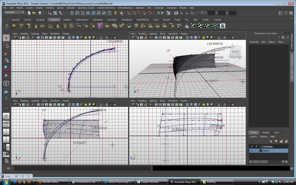 Create Lines to be projected >Create >EP Curve Tool [] Curve Degree = 1 Linear >Display >Grid [] set up grid spacing In Top Window, draw one straight line that passes through and is longer than your