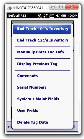 Figure 15 - End Track Inventory Menu Select the End Track Inventory item for the track on which you are done taking inventory. This will end inventory for the track.