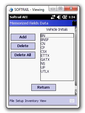 The Memorized Field Select dialog displays all of the fields on which the portable reader maintains memorized lists of data entries.