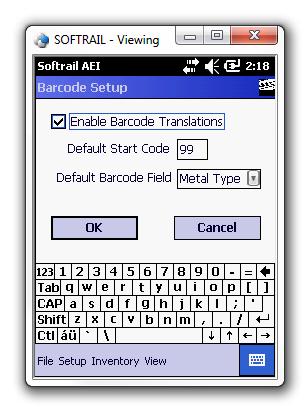 Figure 49 - Barcode Setup Dialog The portable reader is set up to read barcodes in the Universal Bar Code (UPC) format. The UPC format contains 12 digits.