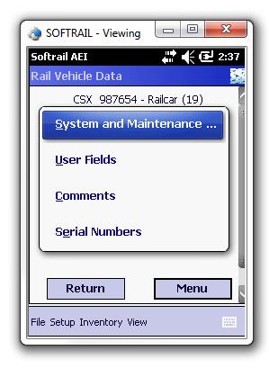 Figure 59 - Rail Vehicle Data Pop-up Menu By selecting one of the pop-up menu items, the user can view and change the system defined fields (see Paragraph 3.2), the user fields (see Paragraph 3.