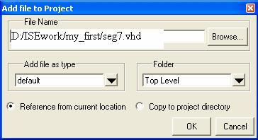 The dialog Add file to Project appears: Browse to your project folder D:\ISEwork\My_first. Select your VHDL files and click Open.