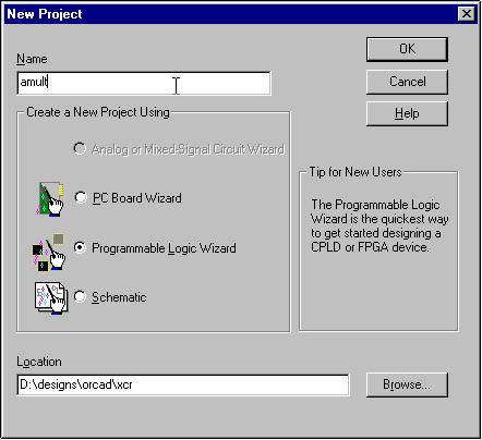 OrCAD Tutorial Figure 1-11 Creating a new schematic project in Express In the dialog box, select Programmable Logic Wizard if you are using