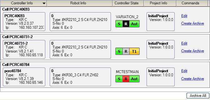 Fig. 14-8: System information editor window Column Controller Info Robot info Controller status Project Info Commands Button Archive all Information about the robot controller is displayed here.