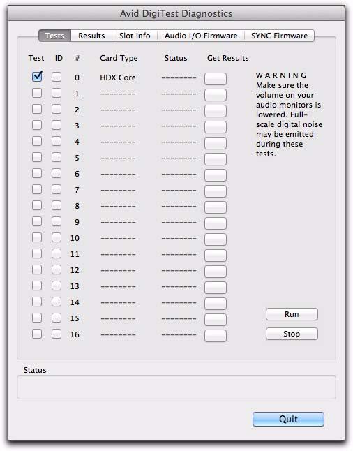Avid DigiTest opens and lists the supported cards it finds in your system. Identifying Pro Tools Cards You can use Avid DigiTest to identify which cards are in which slots in your system.