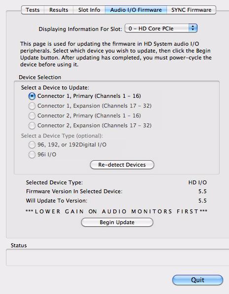 Updating Audio Peripheral Firmware 3 Click Audio I/O Firmware. Avid DigiTest can be used to update the firmware for your Avid HD audio interfaces.