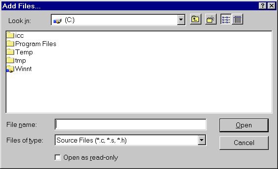 Including the Source File in the Project When the source code is written, it has to be included in the project. Select the Project->Add File(s) menu. The dialog box shown in Figure 6 appears.