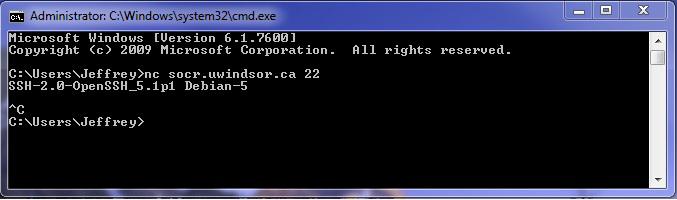 We can also attempt to connect to the SSH server we know is also running on socr.uwindsor.ca at this time and see what information we can retrieve from making a connection.