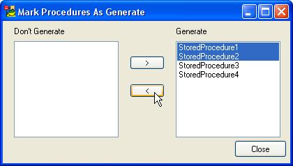 Mark Procedures as Generate macro opens the following user form: Select the procedures for which you want to clear the Generate box. Click Close to execute the macro.