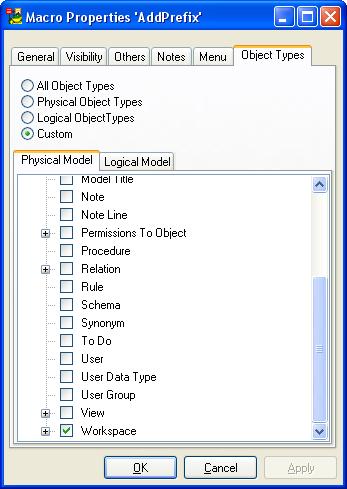 7. On tab Object Types, select in which object pop-up menu you want to display