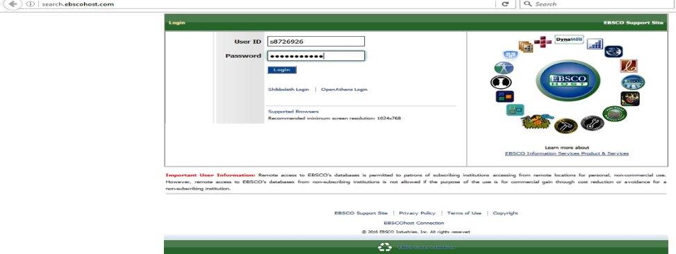 Fig 10: Ebsco Host Login Click on login above. A new page comprising of different databases will be displayed.